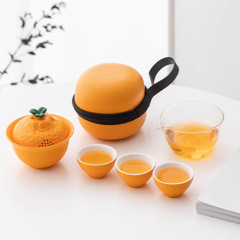 丑橘子便携式旅行茶具套装简易户外泡茶壶茶杯水果桔子露营快客杯
