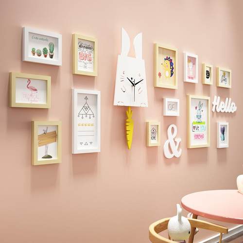 实木7274卡饰通照相片墙_兔摇摆钟表装挂画儿童相7274框能换片真