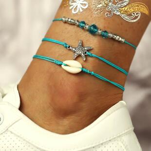 Anklet set with 4 pieces波西米亚风沙滩英文字母贝壳脚炼 炼 4