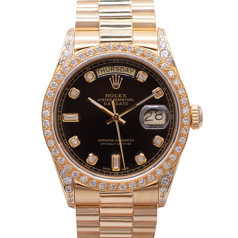 正品[9.8新]劳力士星期日历型黑面黑金后镶钻自动机械男表18038