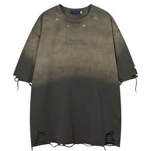 Men Letter Embroidery Distressed Trim Tee Casual Sleeve