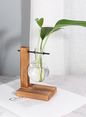 创JRU意木器玻璃花瓶水养绿萝花盆水培植物容透明桌架摆件装饰面