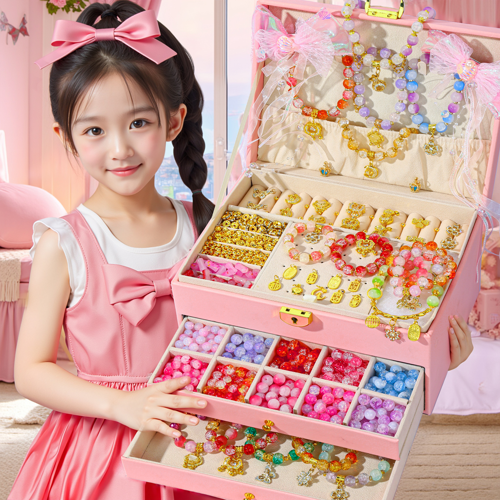 儿童手链串珠手工diy小女孩子穿珠子生日的礼物玩具首饰礼盒女童