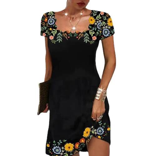 Women's wave neck printed short sleeved dress