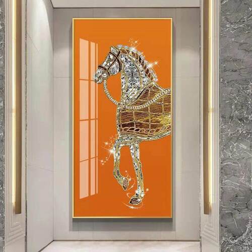 北欧爱马图玄关装饰画轻奢入户晶瓷挂画走廊过道墙画竖版壁画