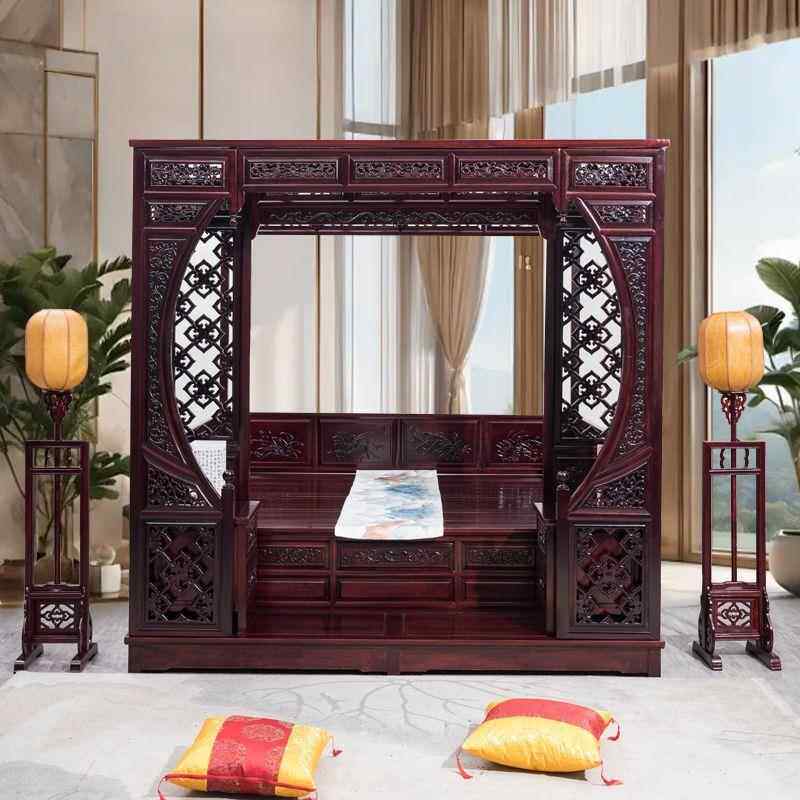 实架床子宫木廷仿古老式古代明清雕花千529拔工步床中式古典踏步