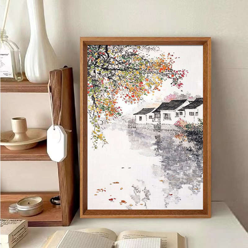 水乡山水客厅挂画秋天风景装饰画新中式办公室茶室沙发背景墙壁画