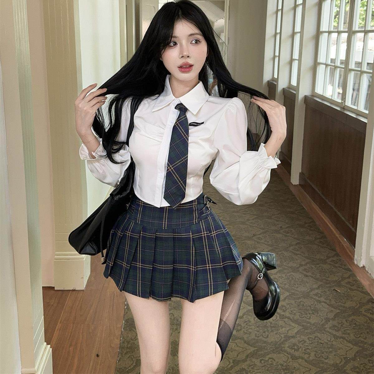 甜辣学院风制服套装女工作服收腰显瘦长袖衬衫百褶裙两件套