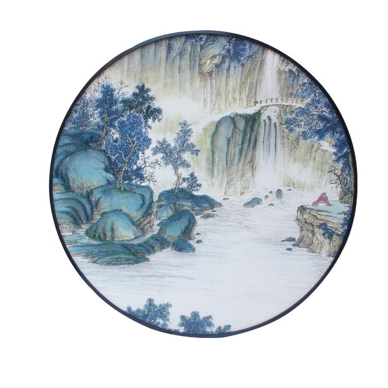 高档新中式客厅装饰画画实物立体挂画圆形钉子山水墙壁间样板别墅图片