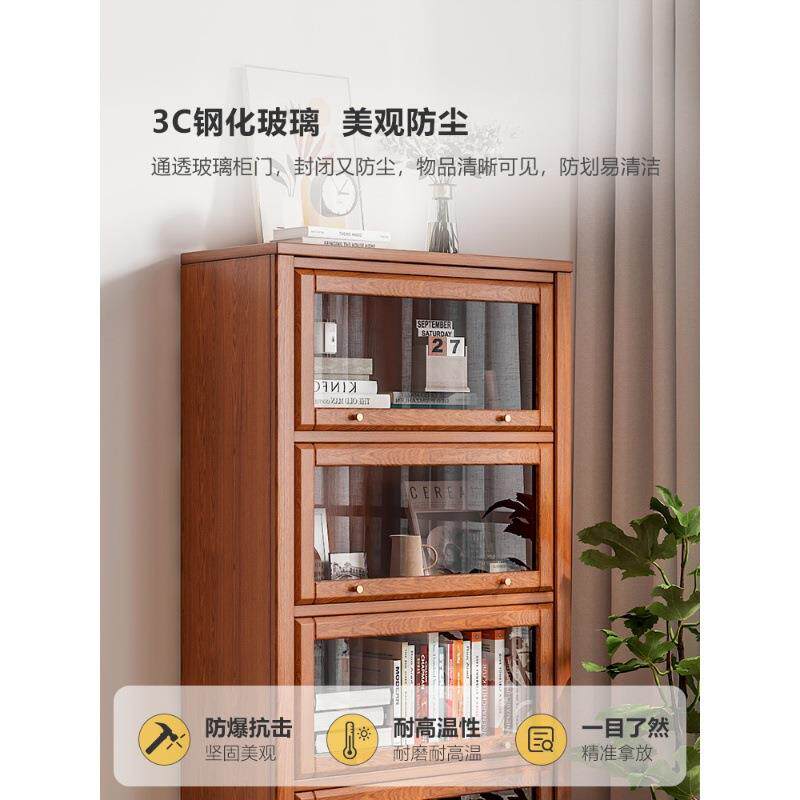 防尘书柜带玻璃门客厅实木书架带柜门储物柜家用美式置物柜展示柜