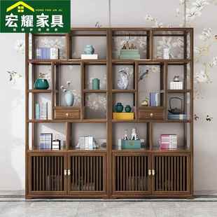 新中式 实木博古架简约茶叶展示边柜茶室置物架现代实木货架古董架
