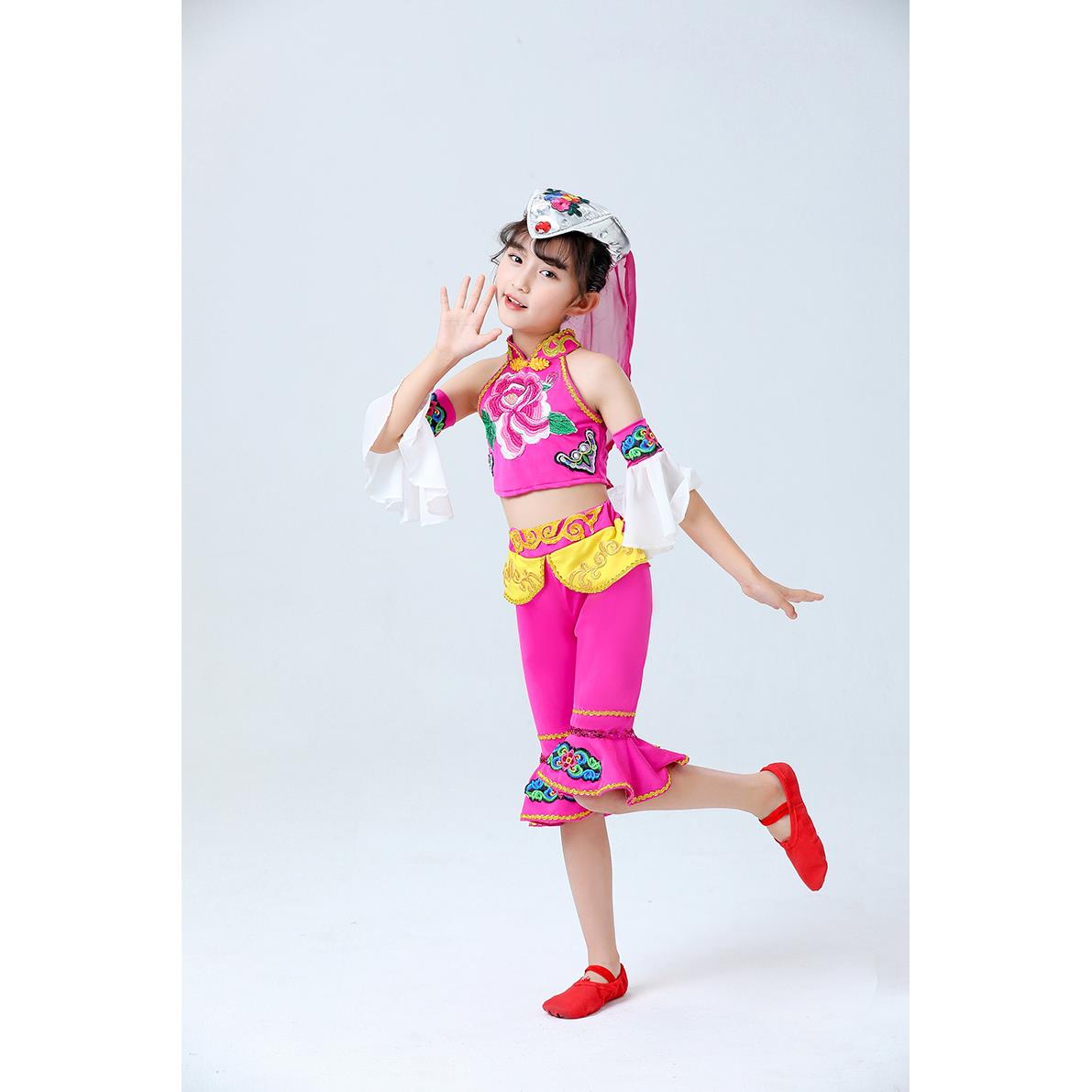 正品喜红庆儿童肚手兜演出服小孩新疆舞蹈服绢舞秧歌舞玫幸福娃演