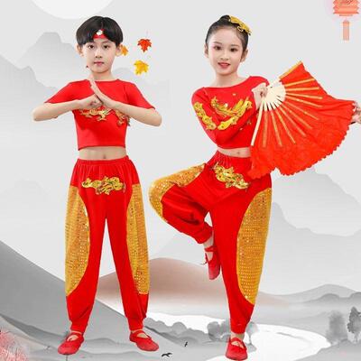 高档儿童少年志古典舞蹈学服子装舞台服红色童女打鼓服中小生扇表