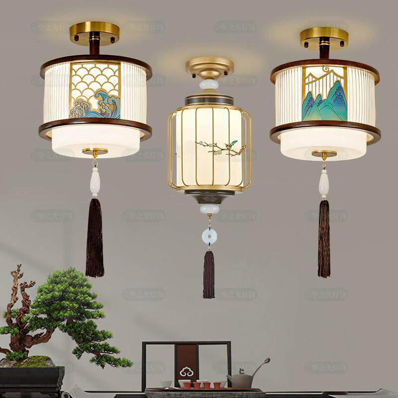 新中式实木走道灯小吸顶灯2024新款全铜超亮入户门厅走廊吊灯