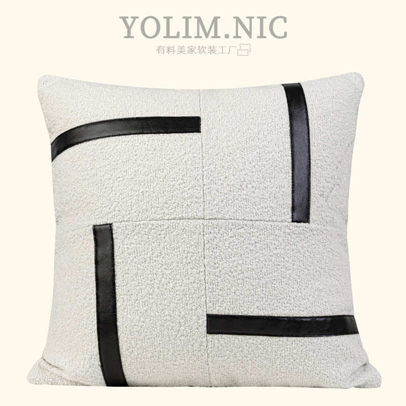 简约现代客厅沙发抱枕米白色圈绒贴黑色PU靠枕轻奢样板间创意靠垫