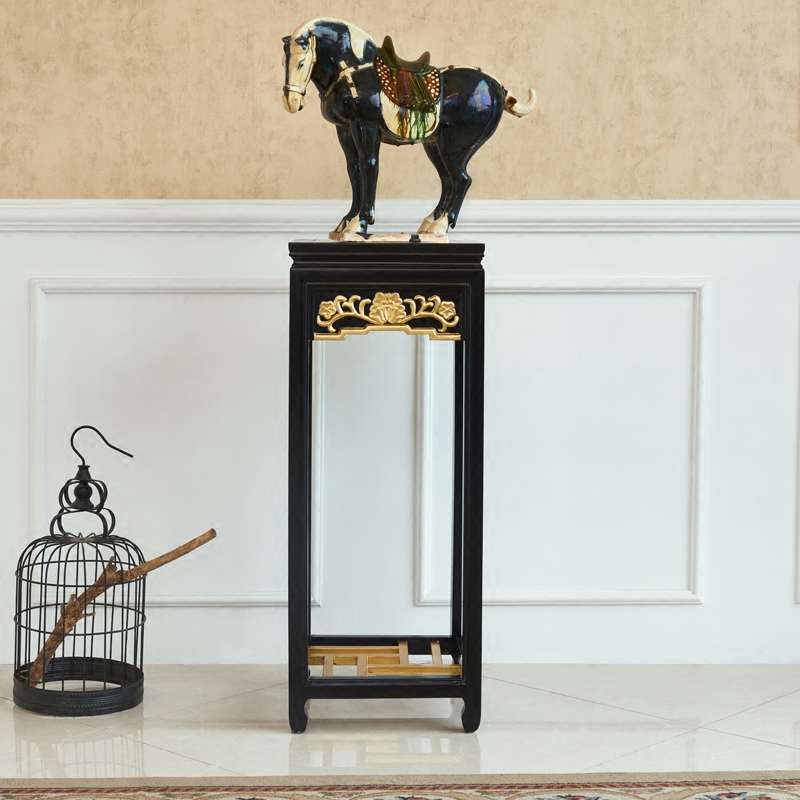 现代新中式实木雕刻描金摆件高脚花架花几客厅置物架室内盆景架