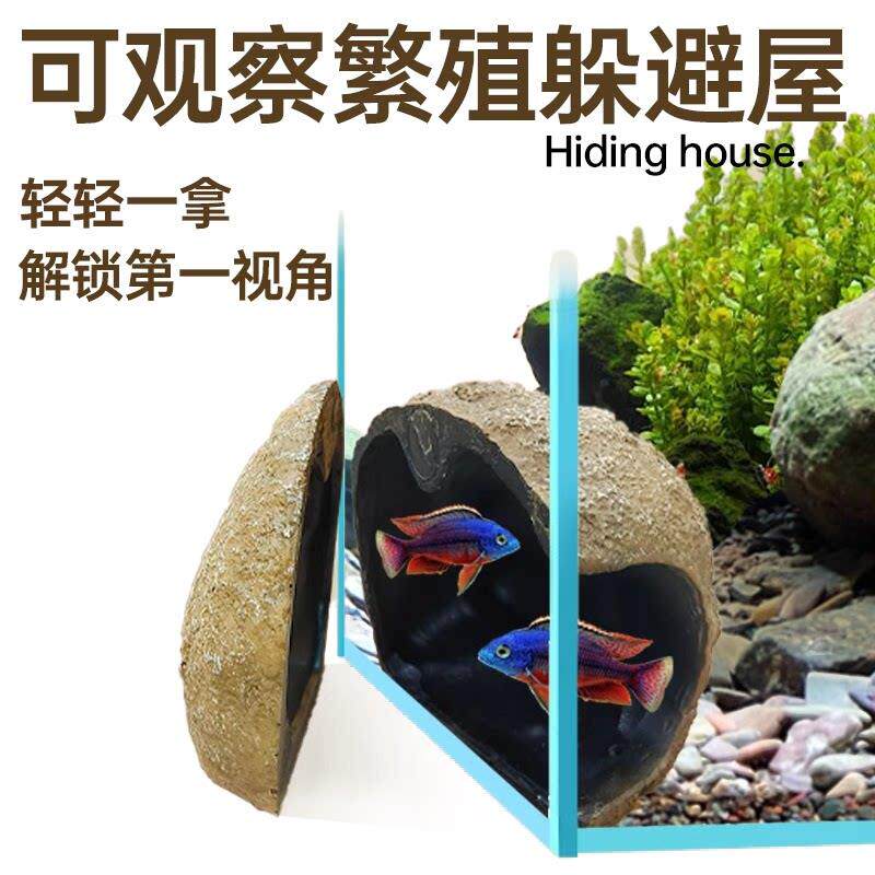 可视磁吸鱼缸躲避屋迷你鹦鹉慈鲷繁殖罐产卵鱼窝水族仿真石头造景