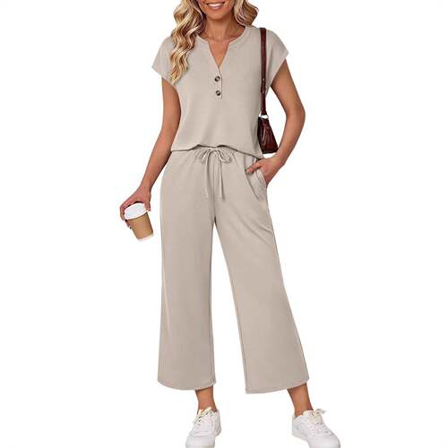 Lounge Sets Women V Neck Turn UP Sleeves Tops Leg Pants 2