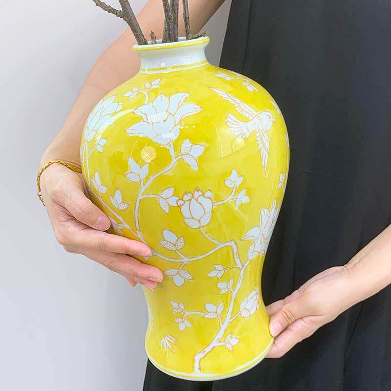 新中式青花瓷手绘陶瓷黄色花瓶客厅插花瓶玄关装饰品家居软装摆件