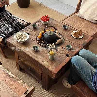 茶桌户外风榆木老围炉茶桌煮桌泡侘实木方形中式庭院寂禅意火锅