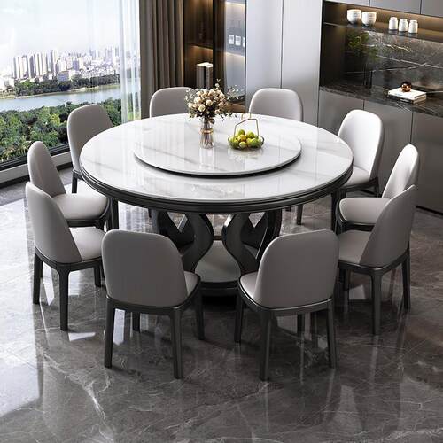 意式高端岩板实木餐桌椅组合家用小户型现代简约圆形带转盘饭桌子 - 封面