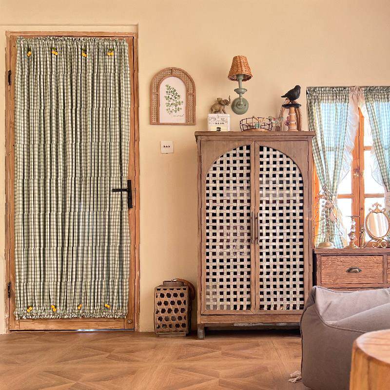 日式绿格子玻璃门固定门帘绷纱美式覆古窗帘免打孔门帘黏贴定制