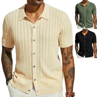 Men Knit Shirts Sleeve Button Polo Shirt Casual Summer Beach