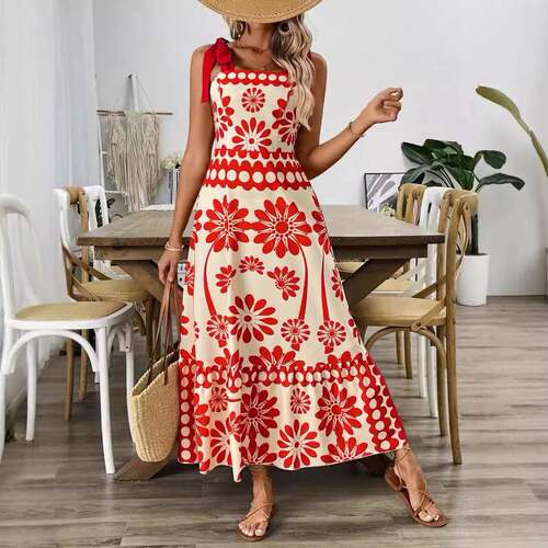 Womens Floral Print Tie Shoulder Dress Casual Bohemian