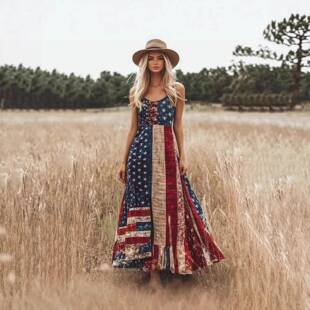 Women's Vintage Independence Day Patch Art Line Dress
