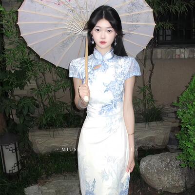 新中式洋装女高级名媛青花瓷印花改良旗袍清冷感长裙性感包臀裙