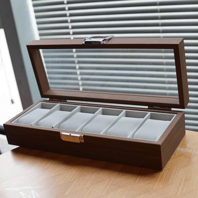 胡桃木纹手表盒收纳盒玻璃天窗木质家用储藏展示盒6位手表收藏盒