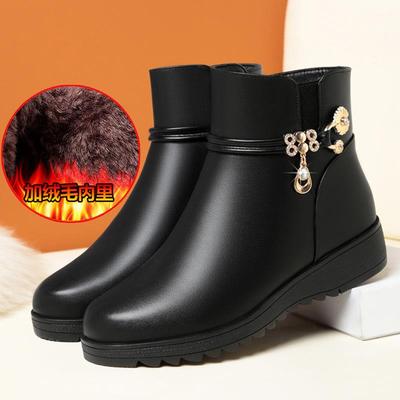 高档妈棉鞋真皮软底短靴加坡跟平底冬季保暖皮鞋中老年女鞋妈棉靴