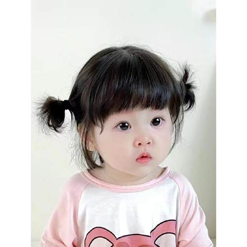 儿童假发女短发可爱婴儿双丸子头发型轻薄透气空气浏海拍照全头套