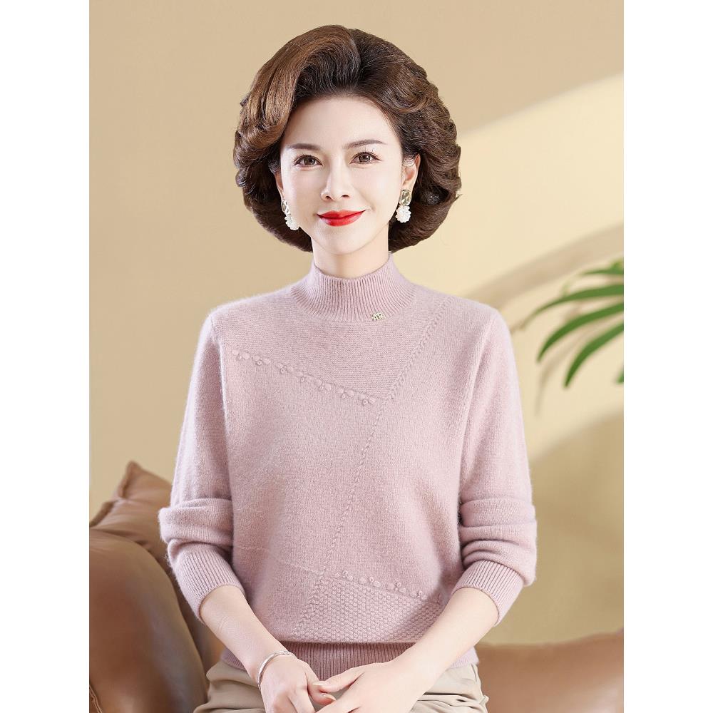 中年女士冬季双股加厚羊毛衫纯色半高领套头毛衣妈妈装打底羊毛衫