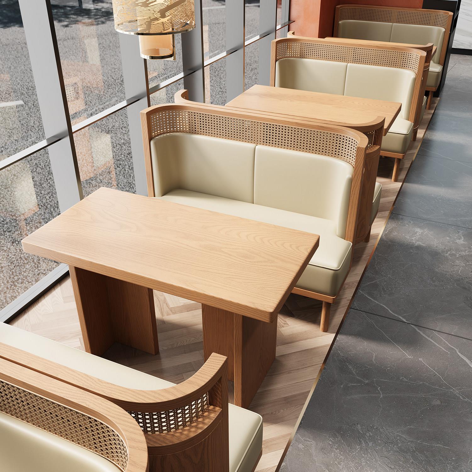 饭店餐饮店桌椅组合实木编藤卡座沙发茶餐厅茶楼半圆卡座沙发定制