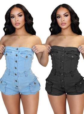 Outfits Summer New Denim Jumpsuit Tube Top Stretch One-Piece