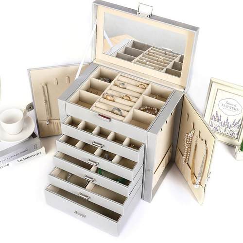 PU皮5层抽屉首饰盒高档家庭卧室专用防水防潮6层大珠宝收纳盒