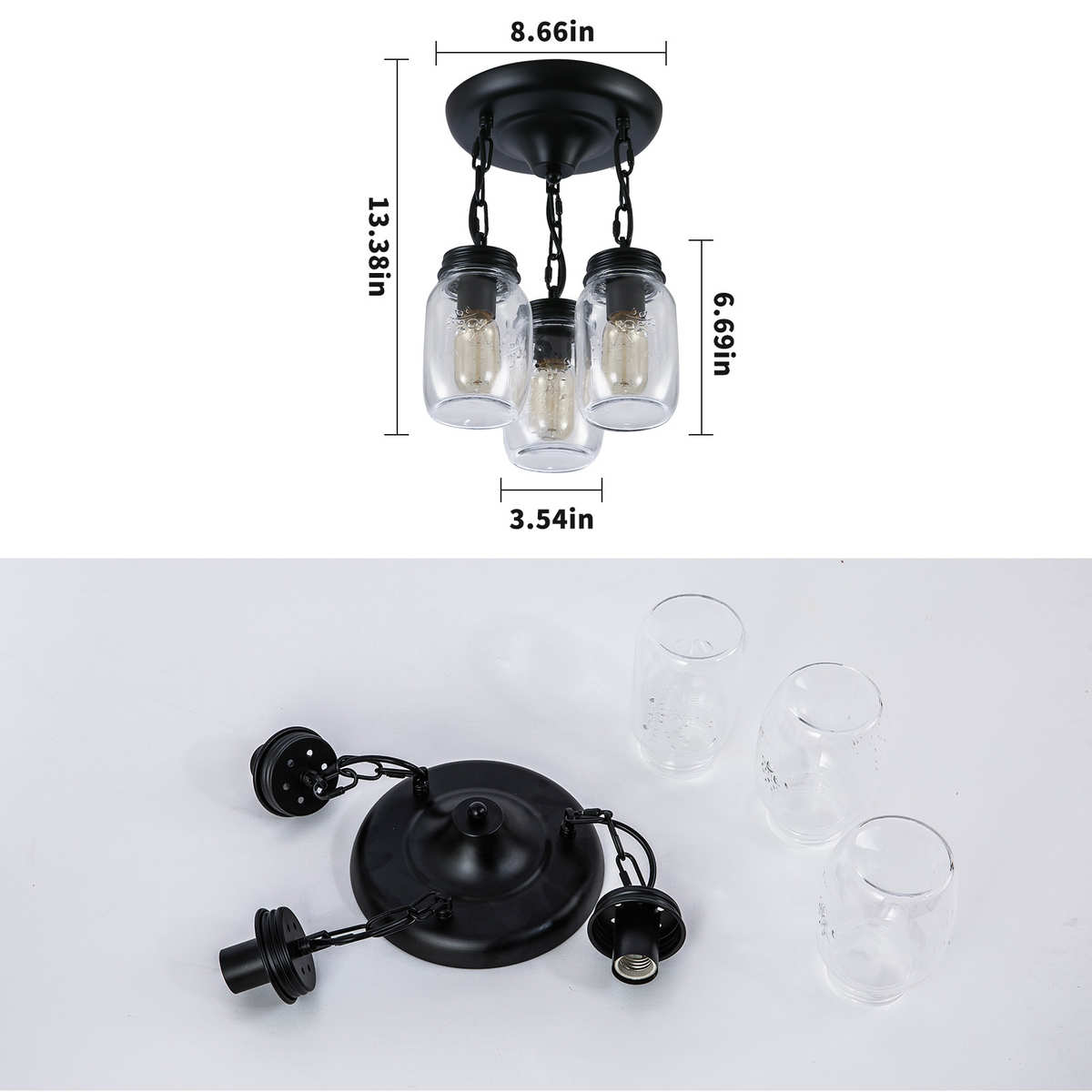 三头灯具酒吧咖啡厅铁链梅森创意工业复古玻璃玻璃风