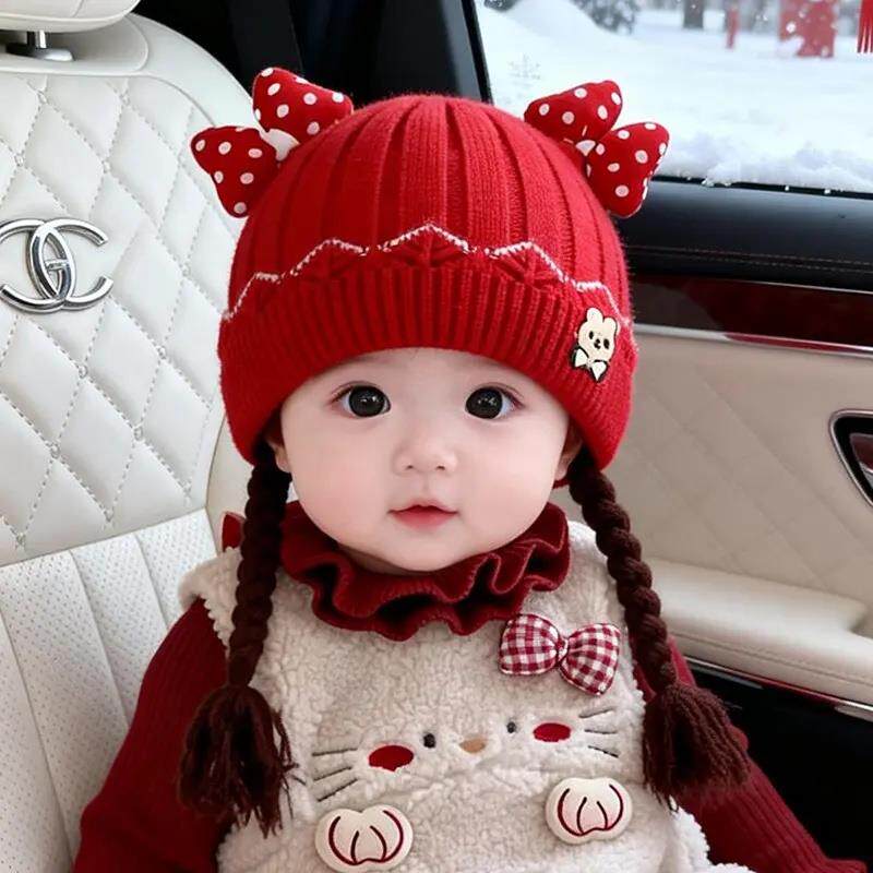 婴儿帽子秋冬季可爱超萌红色周岁新年喜庆毛线帽女宝宝假发辫子帽