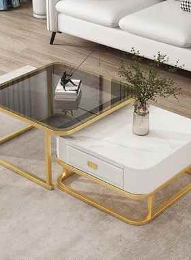 橙色茶几轻奢岩板钢化玻璃亮光家用小CKM厅户型现代简客约方形组