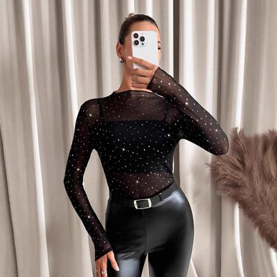 Womens Black Rhinestone Sheer Mesh Slim Sleeve Womenswear