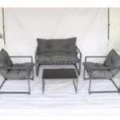 户外沙发套装 方管铁艺桌椅茶几四件套带棉垫布艺KD沙发庭院桌玻璃