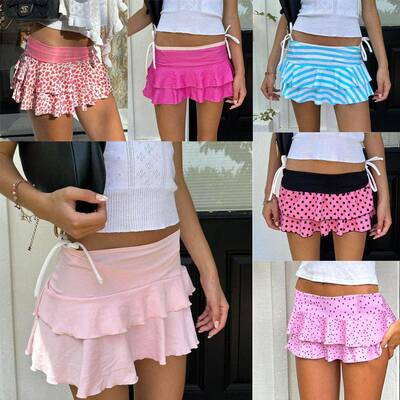 Layered Ruffle Mini Skirt for Women Y2K Dots/Stripe/Heart