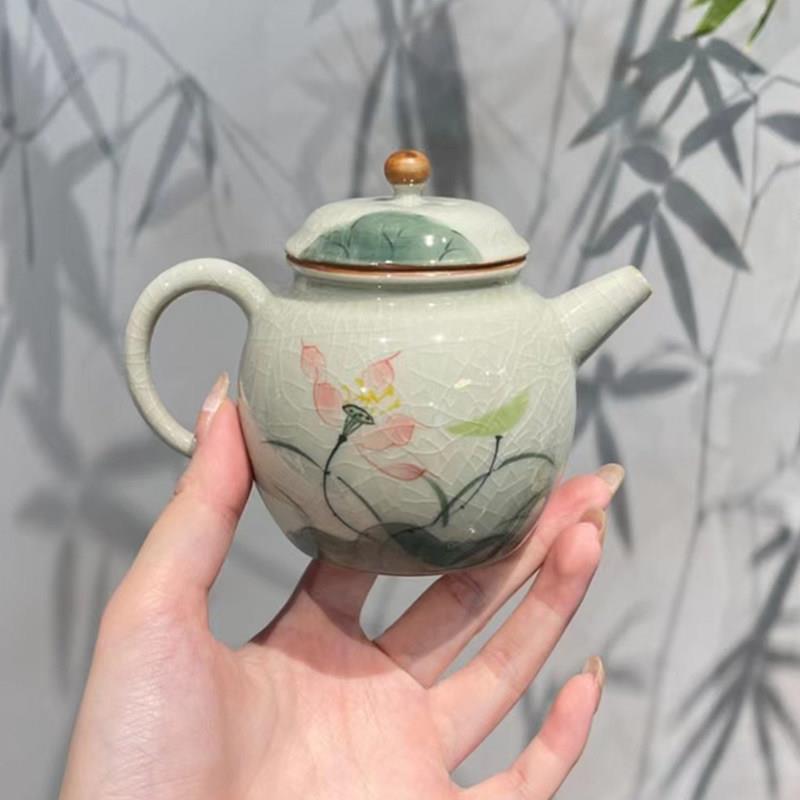 惊蛰 仿古灰手绘荷花茶壶 釉下彩茶器 冰裂纹宫灯壶 功夫茶具茶泡