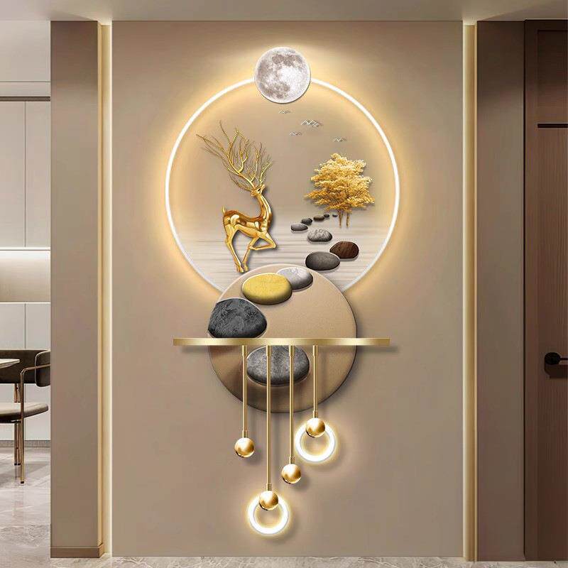 福鹿玄关装饰画新中式走廊尽头挂画感立体轻奢发光壁灯画