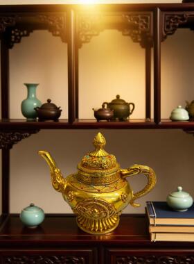 复古纯铜鎏金仿金镶宝石藏式酒壶摆件 黄铜工艺品 文创市集老物件