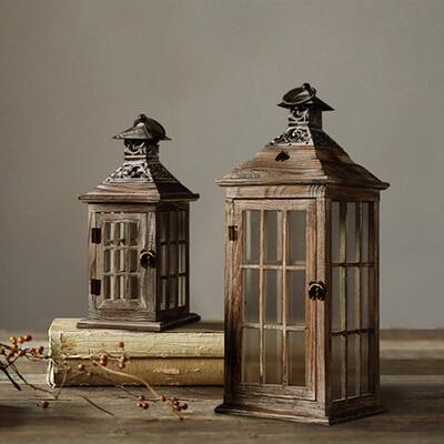 做木质风灯地旧家居装饰品摆防件风8119铁艺玻璃落蜡烛台实木复古