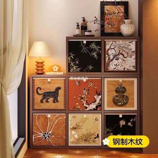 落地钢制格子柜木纹整墙落矮置物架地客厅自由组合收纳柜书柜