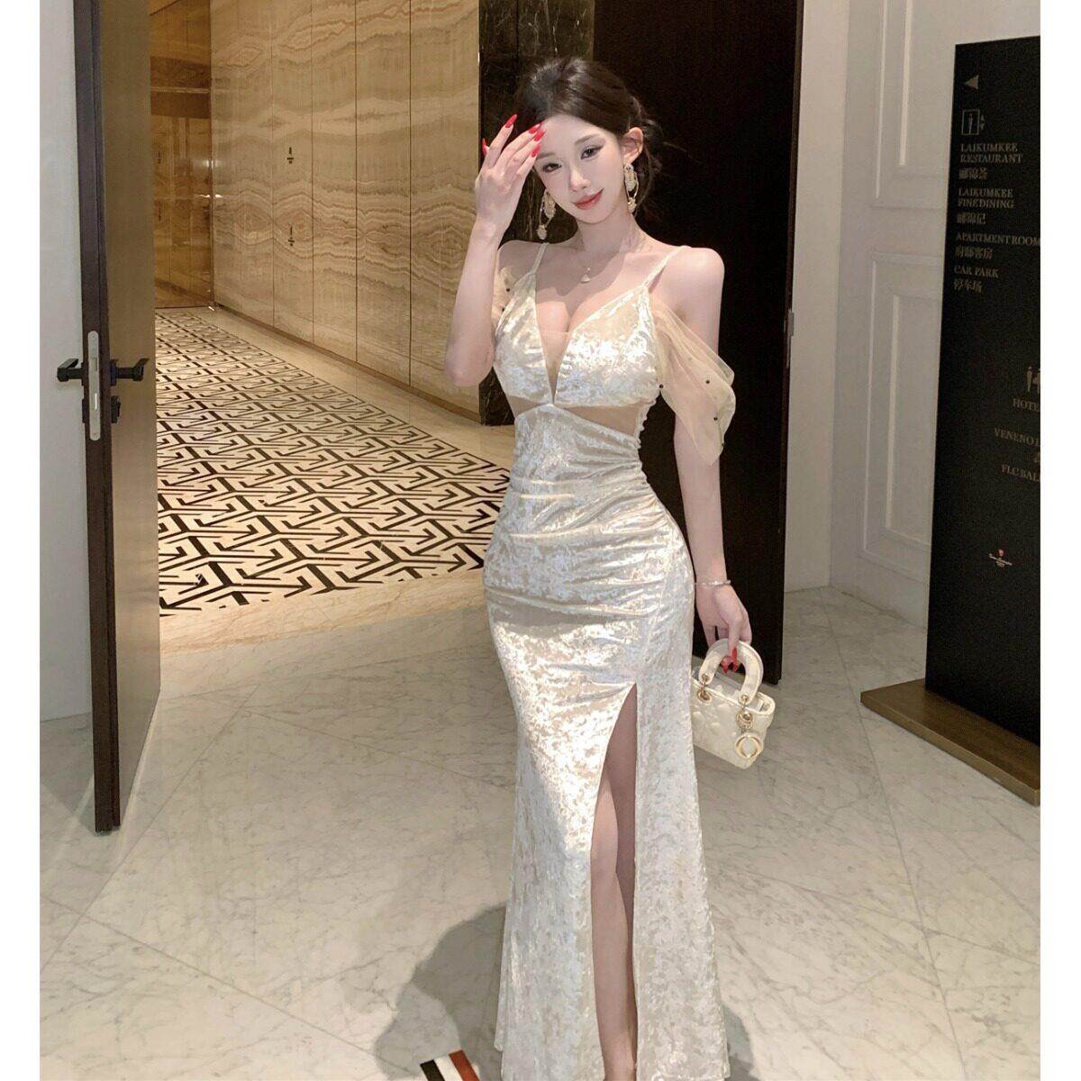 夜总店名媛晚礼服性感一字肩网纱拼接丝绒钉珠吊带开叉长款连衣裙