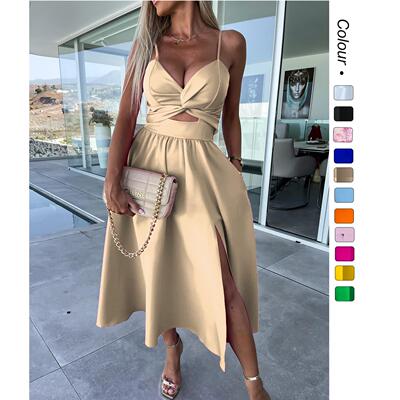 外贸25年夏季新款时尚名媛深v镂空大裙摆开叉吊带礼服连衣裙23017